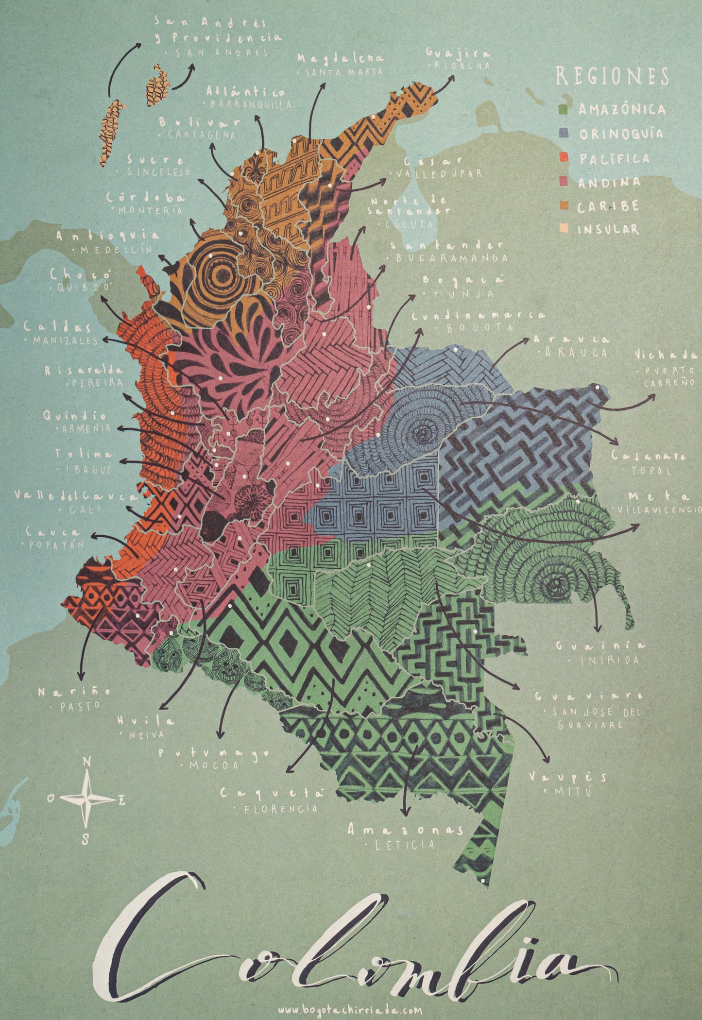 Mapa chirriado de regiones de Colombia